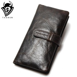 Luxury Brand High Quality 100% Top Genuine Oil Wax Cowhide Leather Men Long Bifold Wallet Purse Vintage Designer Male Carteira