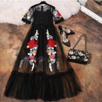 Luxury Dress New 2018 Summer Fashion Designer New Elegant Flower Embroidery Appliques Black Mesh Slim Women Vintage Long Dress