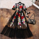 Luxury Dress New 2018 Summer Fashion Designer New Elegant Flower Embroidery Appliques Black Mesh Slim Women Vintage Long Dress