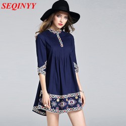 Luxury High End Mini Dress Women Spring Summer 2017 3/4 Sleeve Floral Embroidery Pressed Pleated Noble Palace Princess Dress