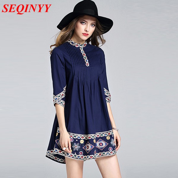 Luxury High End Mini Dress Women Spring Summer 2017 3/4 Sleeve Floral Embroidery Pressed Pleated Noble Palace Princess Dress