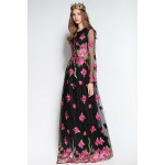 Luxury New Arrival 2017 Spring Women's O Neck Long Sleeves Embroidery Floral Elegant Maxi Runway Dresses