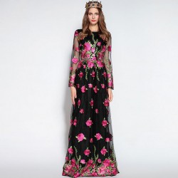 Luxury New Arrival 2018 Spring Women's O Neck Long Sleeves Embroidery Floral Elegant Maxi Runway Dresses