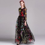 Luxury New Arrival 2018 Spring Women's O Neck Long Sleeves Embroidery Layered Floral Maxi Runway Dresses in 3 Colors