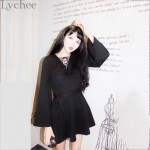Lychee Harajuku Punk Gothic Women Dress V Neck Flare Sleeve Lace Up Dress Casual Party Mini Dress