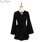 Lychee Harajuku Punk Gothic Women Dress V Neck Flare Sleeve Lace Up Dress Casual Party Mini Dress