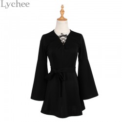 Lychee Harajuku Punk Gothic Women Dress V Neck Flare Sleeve Lace Up Dress Casual Party Mini Dress