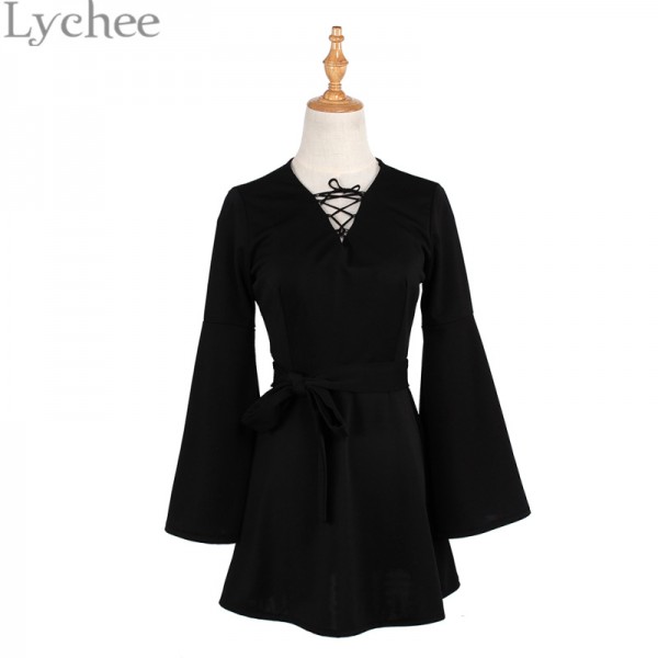 Lychee Harajuku Punk Gothic Women Dress V Neck Flare Sleeve Lace Up Dress Casual Party Mini Dress