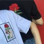 Lychee Harajuku Vintage Korean Style Summer Women T-Shirt Embroidery Flower Rose Hand Short Sleeve Tee Top
