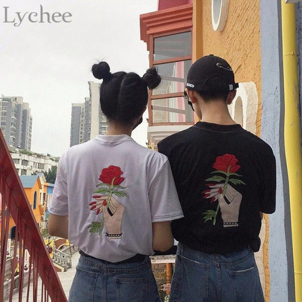 Lychee Harajuku Vintage Korean Style Summer Women T-Shirt Embroidery Flower Rose Hand Short Sleeve Tee Top