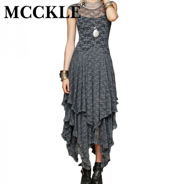 MCCKLE Women's Boho People Hippie Style Irregular Lace Dresses Sexy Long Dress Double Layered Ruffled Trimming Dress Clothing