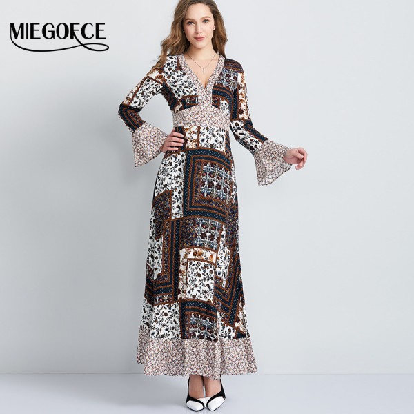 MIEGOFCE New Summer Woman's Elegant Long Dress V-neck Long Sleeve Printed Vintage Dress Holiday Casual Office Dress High Quality