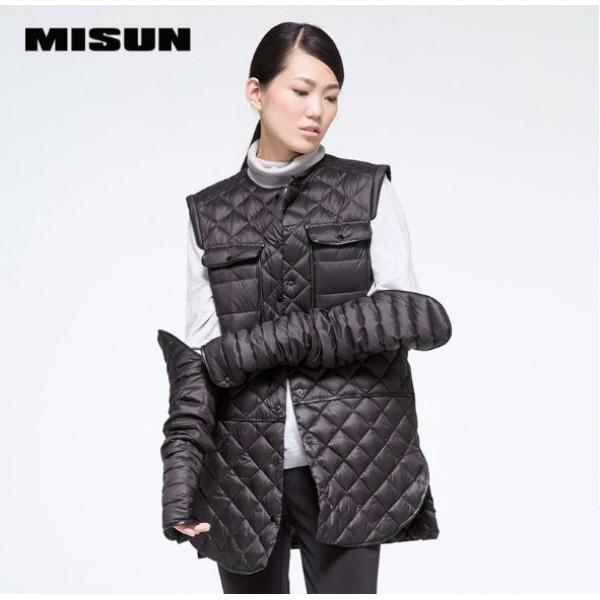 MISUN 2017 duck down coat women PU patchwork detachable shirt paragraph O-neck single breasted long-sleeve thin down jacket