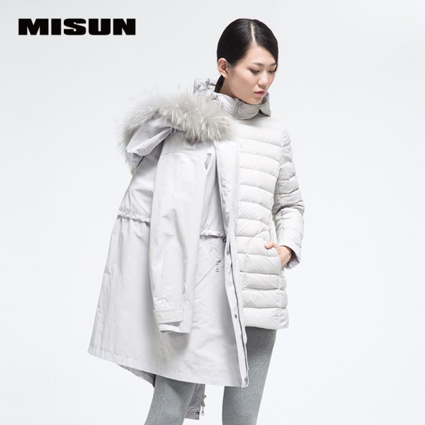 MISUN 2017 duck down coat women thickening big fur collar slim waist medium-long solid zippers 2 piece suit outwear down jacket