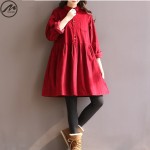 MIWIMD Big Size Autumn Winter Dresses 2018 New Fashion Women Vintage Solid Color Casual Loose Long Sleeved Cotton Corduroy Dress