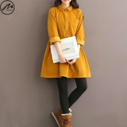 MIWIMD Big Size Autumn Winter Dresses 2018 New Fashion Women Vintage Solid Color Casual Loose Long Sleeved Cotton Corduroy Dress