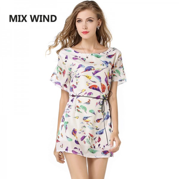 MIX WIND 2017 hot sale Floral Print Midi Silk Dress for Women New Fashion Vintage Half Sleeve Loose Summer Dresses Free shipping