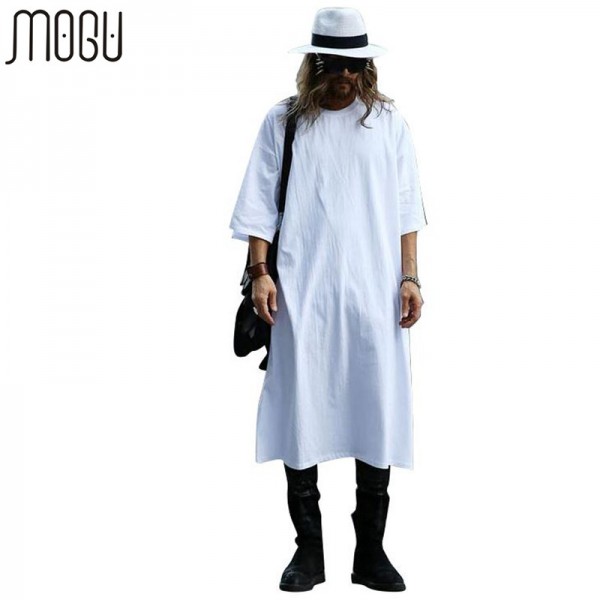 MOGU Extra Long Tee Shirts For Men O-Neck Extra Long Line Tops Tees Solid White Color T-shirt Men Big Size Men T Shirts