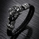 MOZO FASHION Men Bracelet Stainless Steel Skull Bracelets Black Synthetic Leather Rope Hand Bracelet Male Vintage Jewelry LPH845