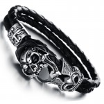 MOZO FASHION Men Bracelet Stainless Steel Skull Bracelets Black Synthetic Leather Rope Hand Bracelet Male Vintage Jewelry LPH845