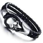 MOZO FASHION Men Bracelet Stainless Steel Skull Bracelets Black Synthetic Leather Rope Hand Bracelet Male Vintage Jewelry LPH845