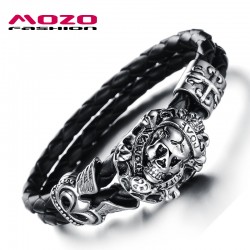 MOZO FASHION Men Bracelet Stainless Steel Skull Bracelets Black Synthetic Leather Rope Hand Bracelet Male Vintage Jewelry LPH845