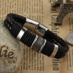 MOZO FASHION Men Charm Bracelet Black Leather Bracelet Stainless Steel Magnetic Clasps Bracelets Male Vintage Jewelry MPH891