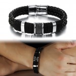 MOZO FASHION Men Charm Bracelet Black Leather Bracelet Stainless Steel Magnetic Clasps Bracelets Male Vintage Jewelry MPH891
