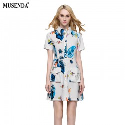 MUSENDA Women Colorful Insect Leaf Print Shirt Dress Summer Casual Fashion Turn-down Collar Short Sleeve Pockets Mini Dresses