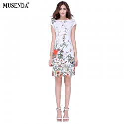 MUSENDA Women Summer Wear to Work Floral Print Slash Neck White Dresses Office Lady Business Party Slim Pencil Knee-Length Dress