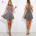 Makkrom 2017 Summer  Woman Party Bandage Lace up Dress Off Shoulder Sexy Backless Casual Solid Pleated Mini Dress Plus Size
