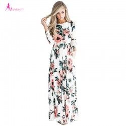Makkrom 2017 Women Dress Spring Autumn Long Dress Flower Printed O-Neck Party Casual Empire Floor-Length Dress Woman Brand