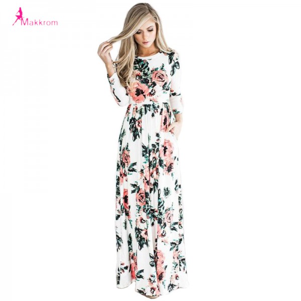 Makkrom 2017 Women Dress Spring Autumn Long Dress Flower Printed O-Neck Party Casual Empire Floor-Length Dress Woman Brand