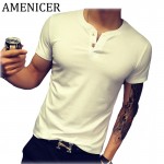 Mans T-Shirt Summer Fashion Solid Color Men Tshirt Double Button Fun Army Bodybuilding Mens Compression Short Sleeve Clothing