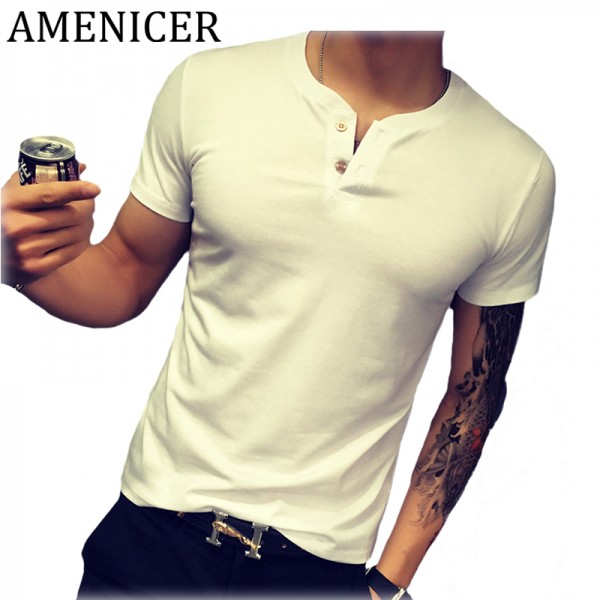 Mans T-Shirt Summer Fashion Solid Color Men Tshirt Double Button Fun Army Bodybuilding Mens Compression Short Sleeve Clothing