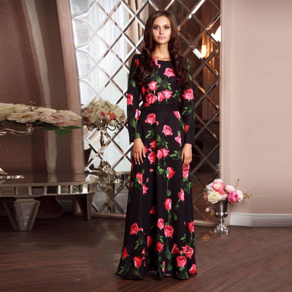 Maxi Floor-Length Elegant dress plus size long flowers dress 2017 Autumn winter women ladies evening party print long dresses