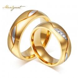 Meaeguet Couple Rings For Women Men Cubic Zirconia Wedding Ring Gold-Color Stainless Steel Female Jewelry