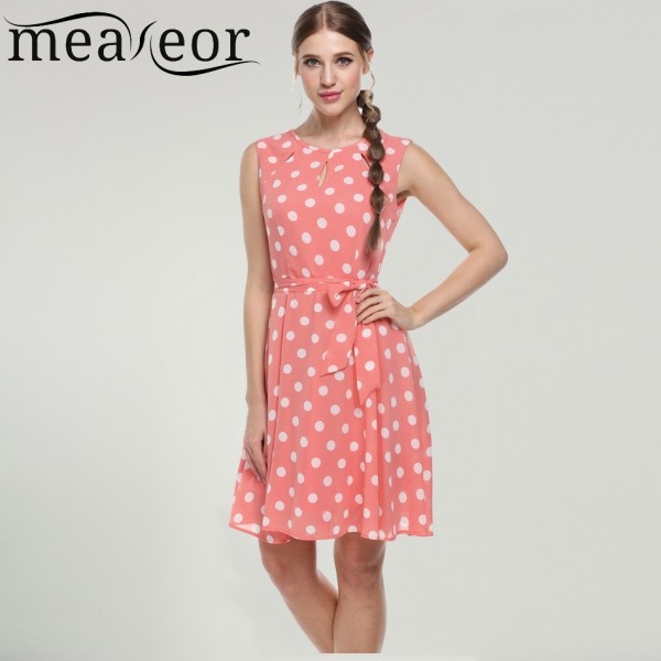 Meaneor 2017 sexy vestido summer dress dot print chiffon elegant casual bow dress White, Pink, Blue, Black