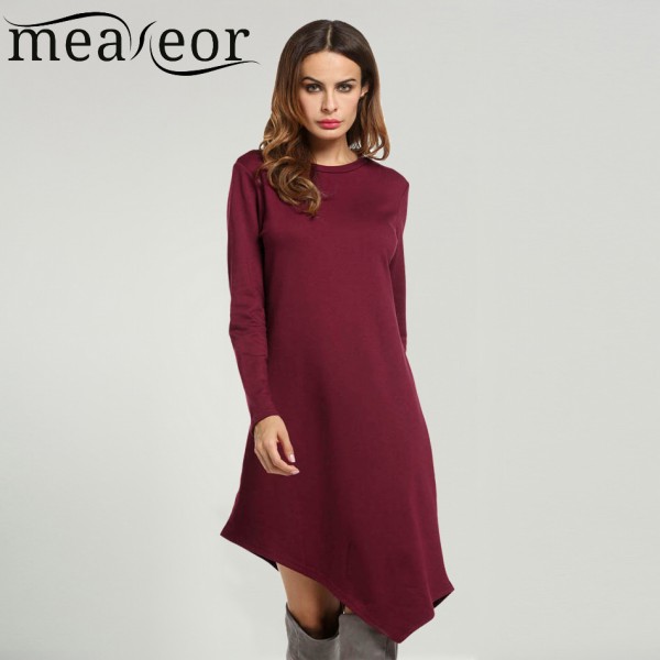 Meaneor Brand Women Dress Tunic Style 50S 60S Retro Travel Casual O-Neck Long Sleeve Asymmetrical Hem A-Line Loose Dress