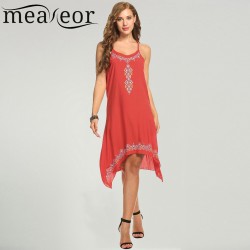 Meaneor Dress Women Casual O-Neck Ethnic Styles Prints Asymmetrical Hem Cami Knee Length Dresses Spaghetti Straps Vestidos 