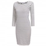 Meaneor Women Autumn Striped Dress Bodycon 3/4 Sleeve Casual Slim Pencil Clothing Black White Gray white Navy Blue White Stripes