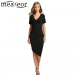 Meaneor Women Casual Dress V-Neck Short Sleeve Solid Bodycon Back Zipper Vestidos Irregular Length Sexy Evening Party Dresses