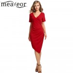 Meaneor Women Casual Dress V-Neck Short Sleeve Solid Bodycon Back Zipper Vestidos Irregular Length Sexy Evening Party Dresses