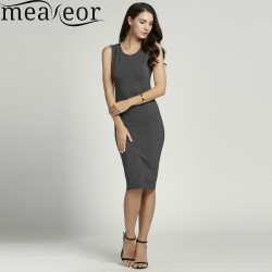 Meaneor Women O-neck Sleeveless Dress women Slim Soild Dress Fit Bodycon Tank women Casual  Dress Size S-XXL