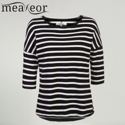 Meaneor Women Striped T-shirt  2016 Autumn 3/4  Batwing Sleeve Black White Tops Casual O-Neck Stretchy Fabric Loose Fit Top tee