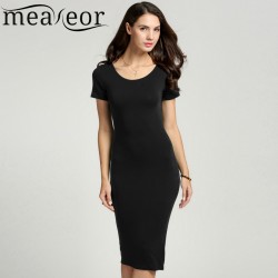 Meaneor Women Summer pencil  Dress Ladies Casual Dress Solid Elegant Bodycon Woman Midi Dress Size S-XXL 5 Colors