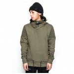 Men Motorcycle Hoodies Army Green Biker Hoody Streetwear Pleated Design Hooded Sweatshirts Stand Collar Bottom Drawstring 