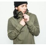 Men Motorcycle Hoodies Army Green Biker Hoody Streetwear Pleated Design Hooded Sweatshirts Stand Collar Bottom Drawstring 