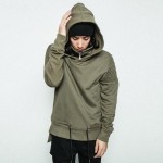 Men Motorcycle Hoodies Army Green Biker Hoody Streetwear Pleated Design Hooded Sweatshirts Stand Collar Bottom Drawstring 