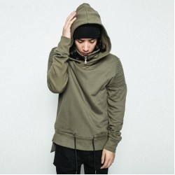 Men Motorcycle Hoodies Army Green Biker Hoody Streetwear Pleated Design Hooded Sweatshirts Stand Collar Bottom Drawstring 